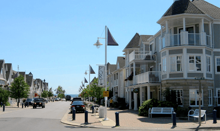 Waterfront townhomes and condos lining Wharf Street beside the marina in Port Whitby on the Durham Region lakeshore
