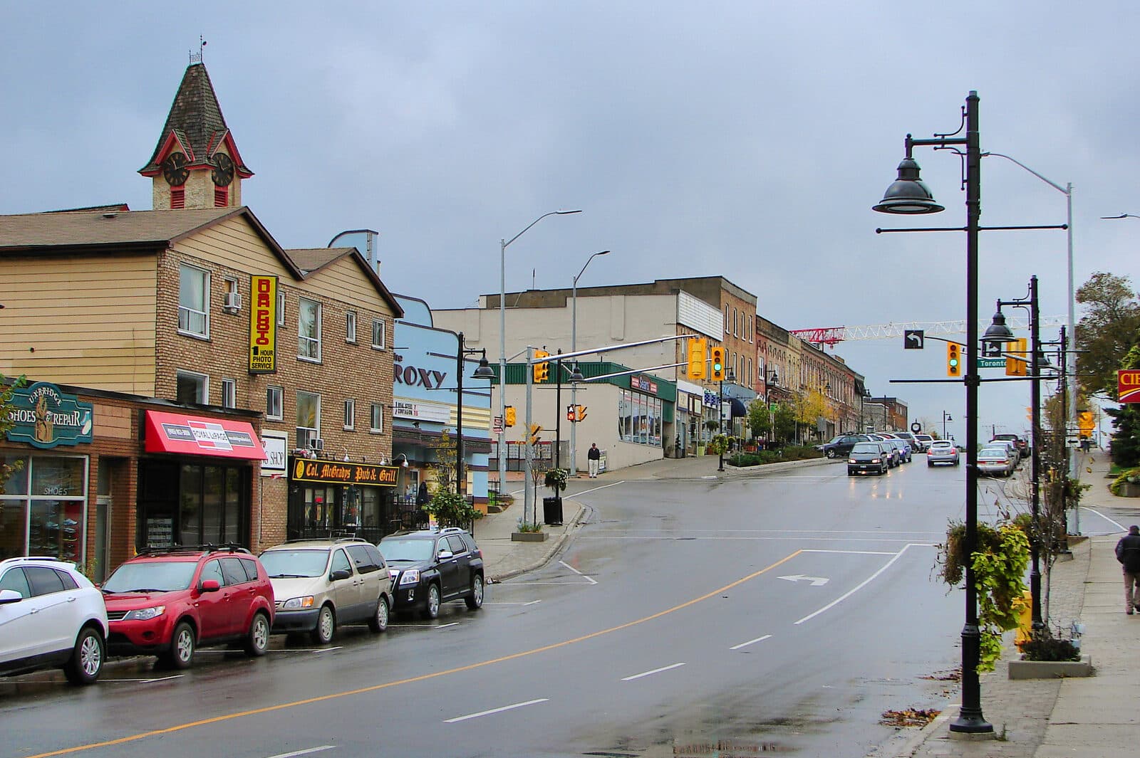Heritage storefronts and the historic clock tower along Brock Street in downtown Uxbridge, Ontario
