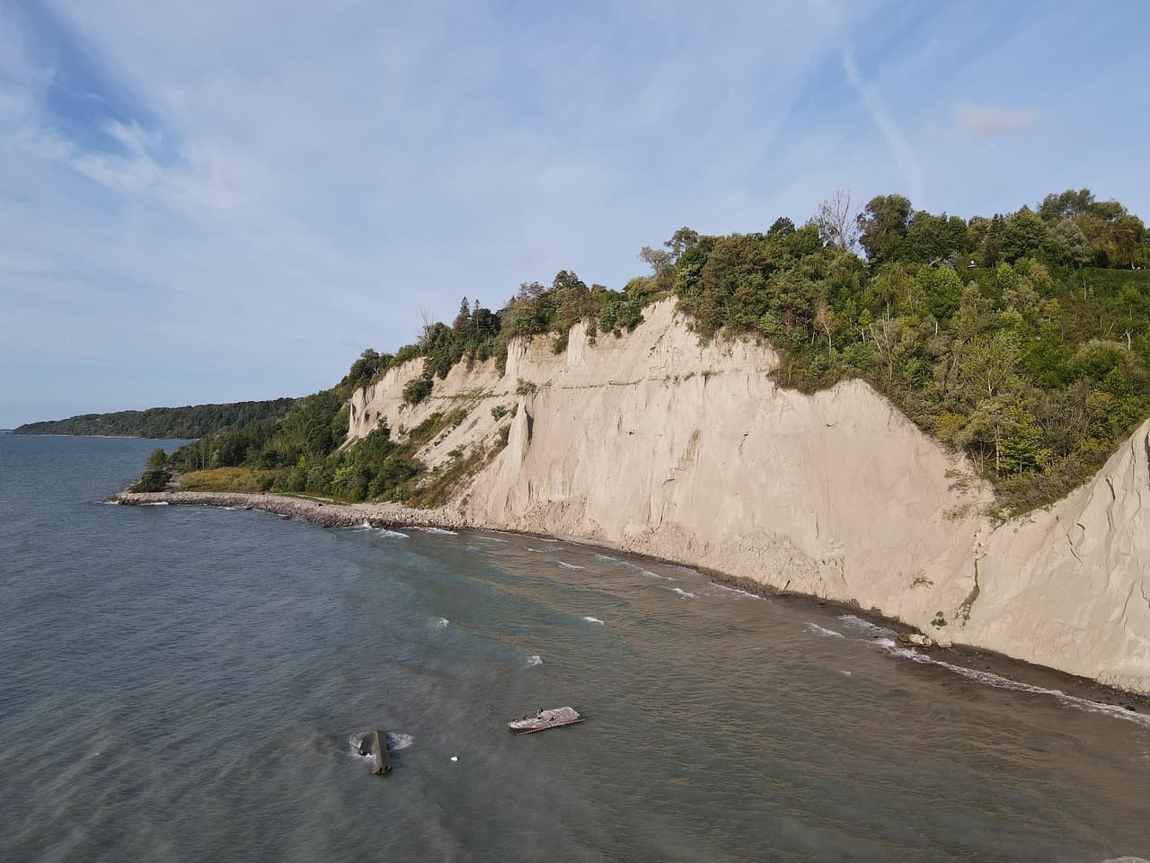 Drone view of the Scarborough Bluffs cliffs above Lake Ontario