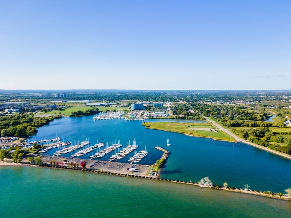 Aerial view of Whitby Harbour and the Port Whitby marina on the Lake Ontario waterfront in Whitby, Ontario